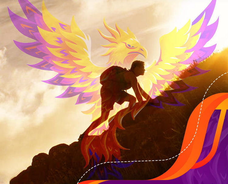 Phoenix Redline logo with a person climbing a mountain and colorful wings against a purple and orange background