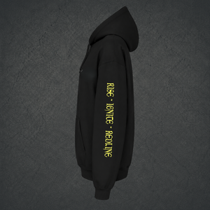 A black pullover hoodie shown from the side profile on a solid white background, featuring yellow vertical text on the right sleeve reading 'RISE - IONTE - REDLINE'.